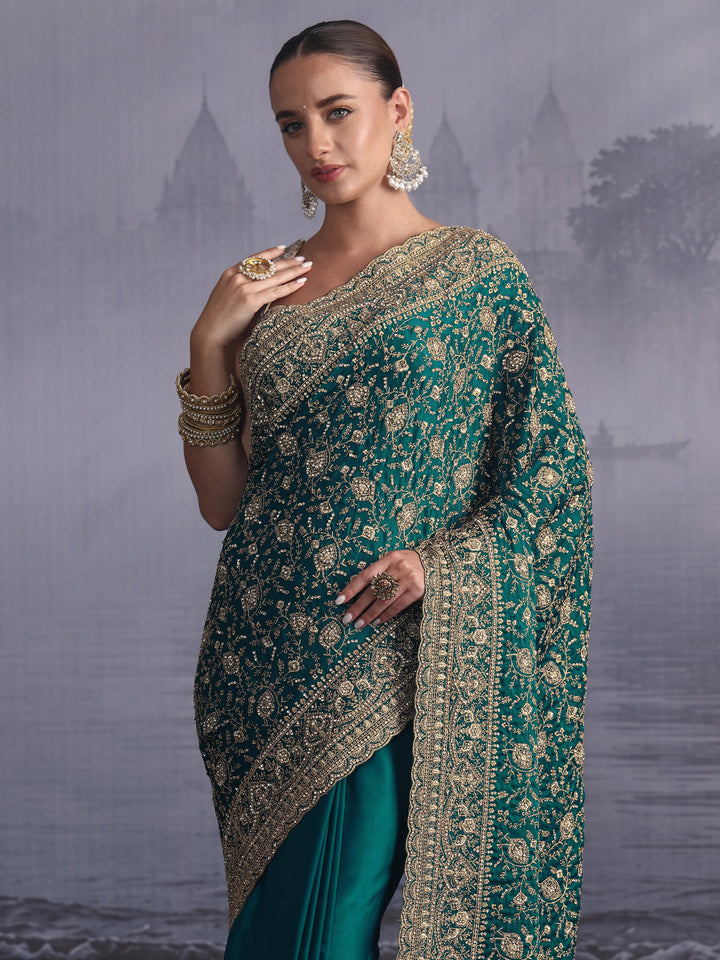 Libas Art Blue Floral Embroidered Satin Saree with Stone Work