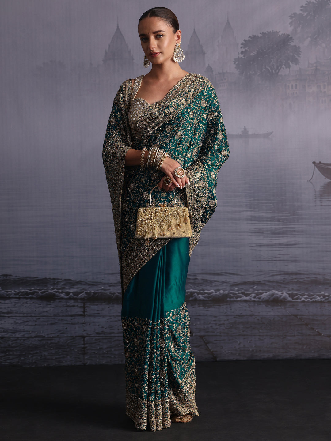 Libas Art Blue Floral Embroidered Satin Saree with Stone Work
