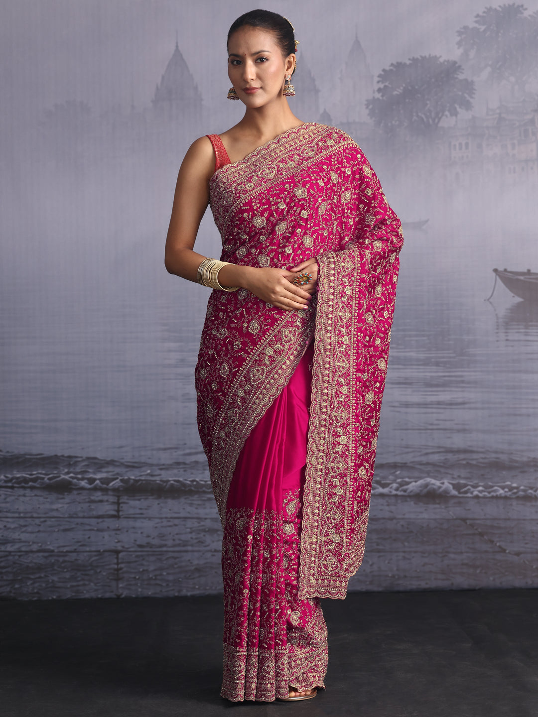 Libas Art Pink Floral Embroidered Satin Saree with Stone Work