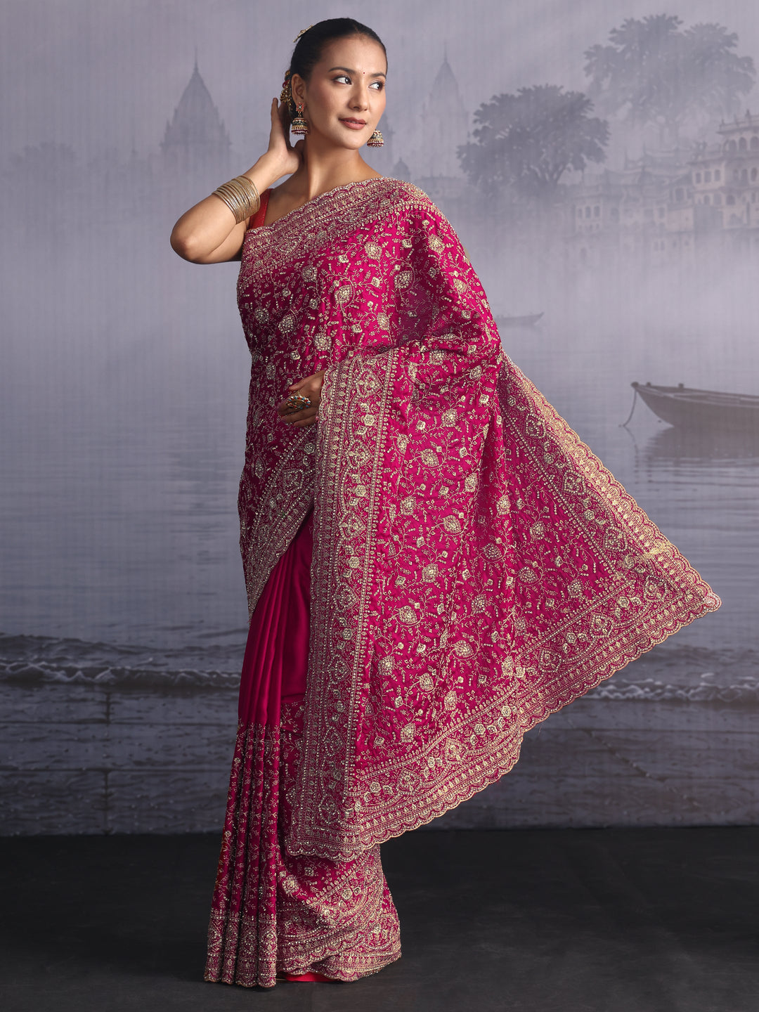 Libas Art Pink Floral Embroidered Satin Saree with Stone Work