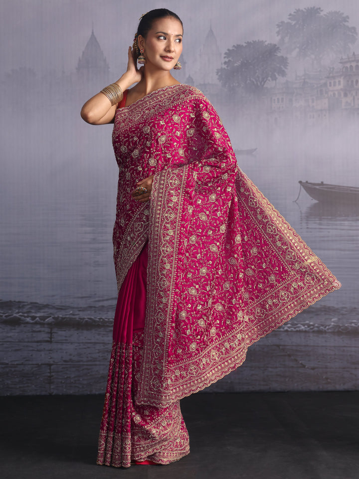 Libas Art Pink Floral Embroidered Satin Saree with Stone Work
