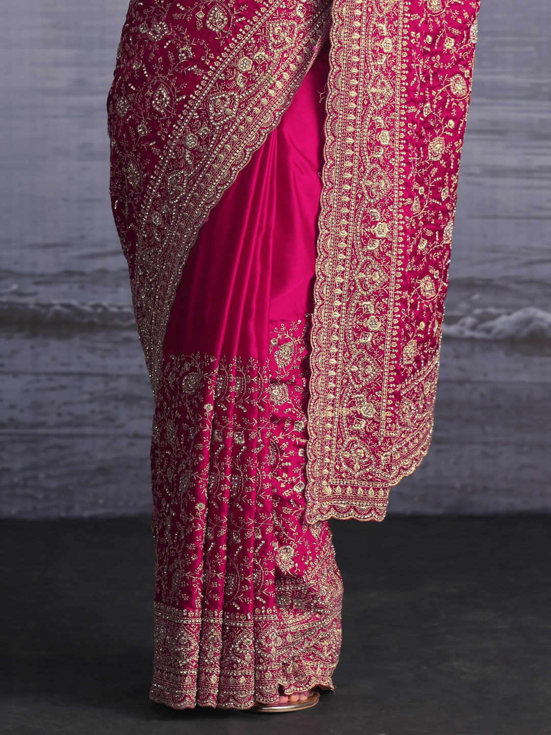 Libas Art Pink Floral Embroidered Satin Saree with Stone Work