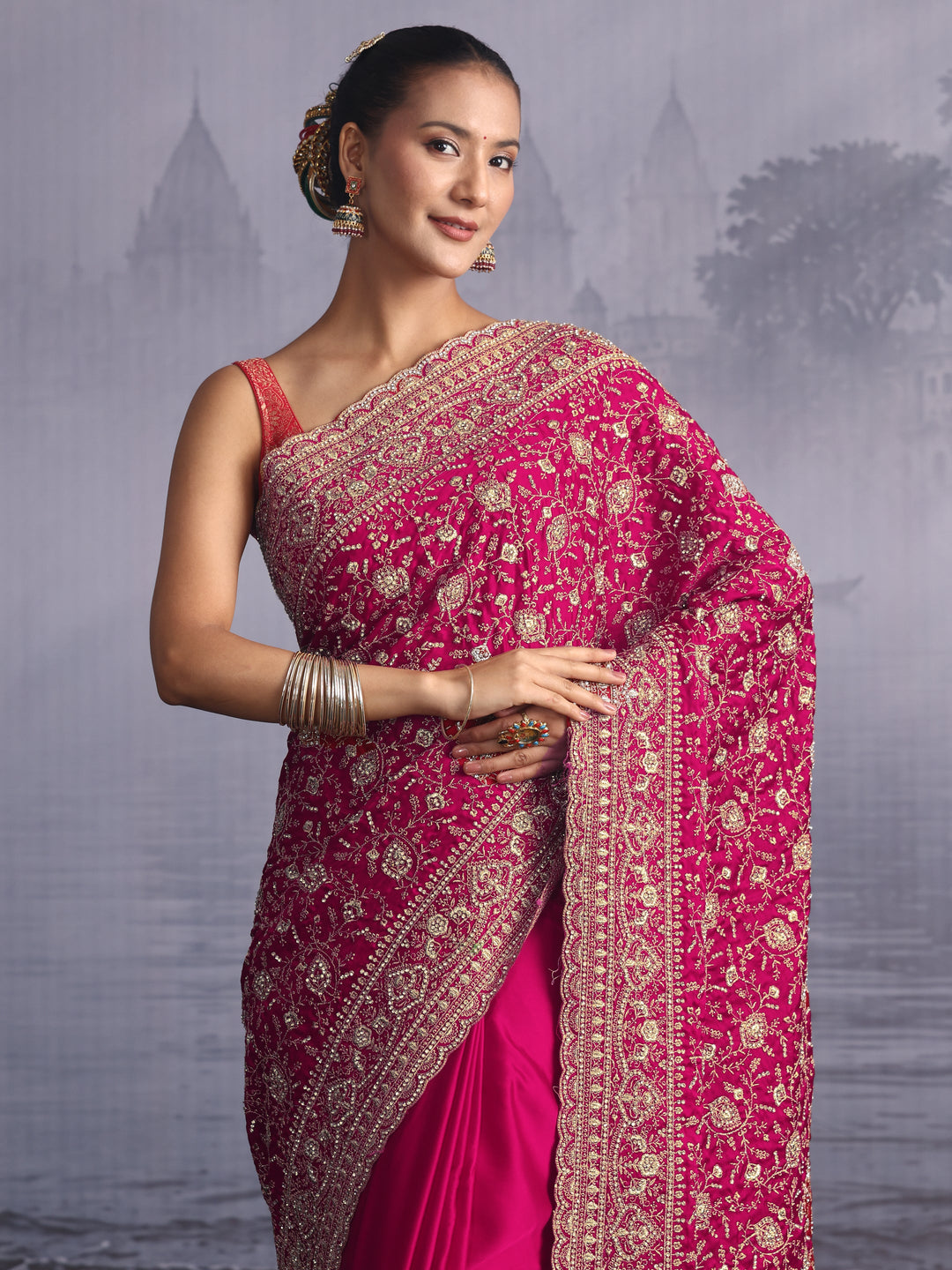 Libas Art Pink Floral Embroidered Satin Saree with Stone Work