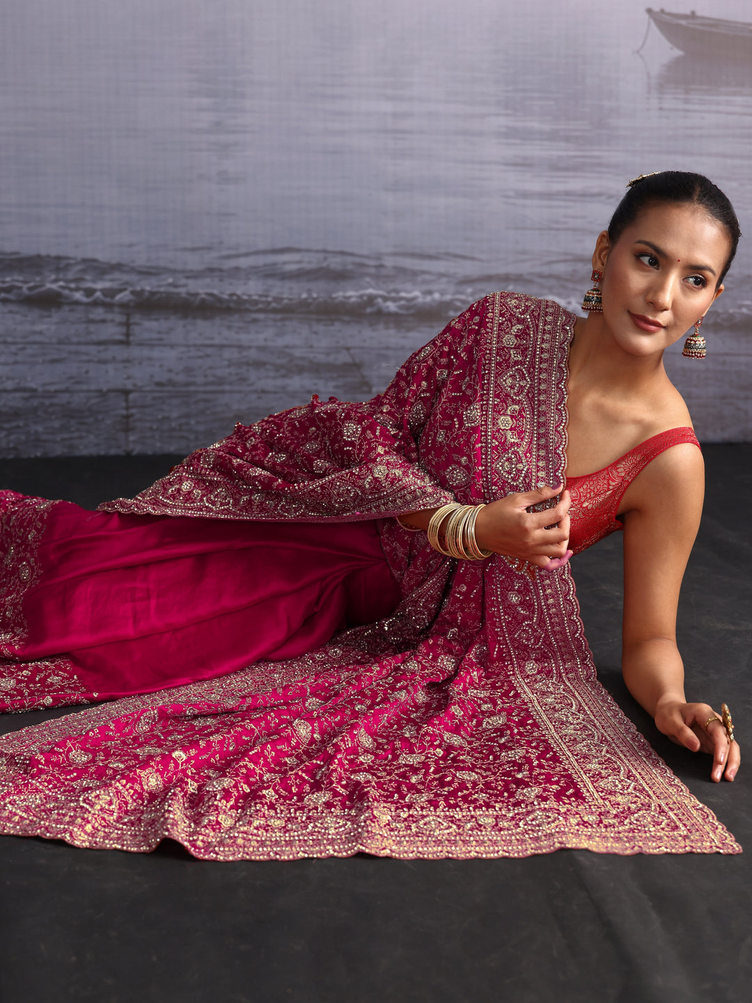 Libas Art Pink Floral Embroidered Satin Saree with Stone Work