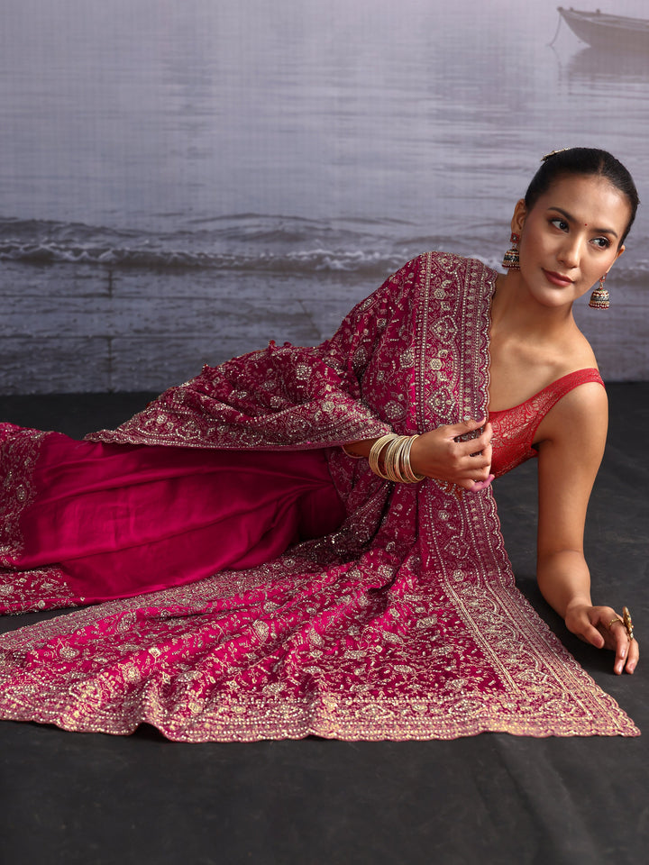 Libas Art Pink Floral Embroidered Satin Saree with Stone Work