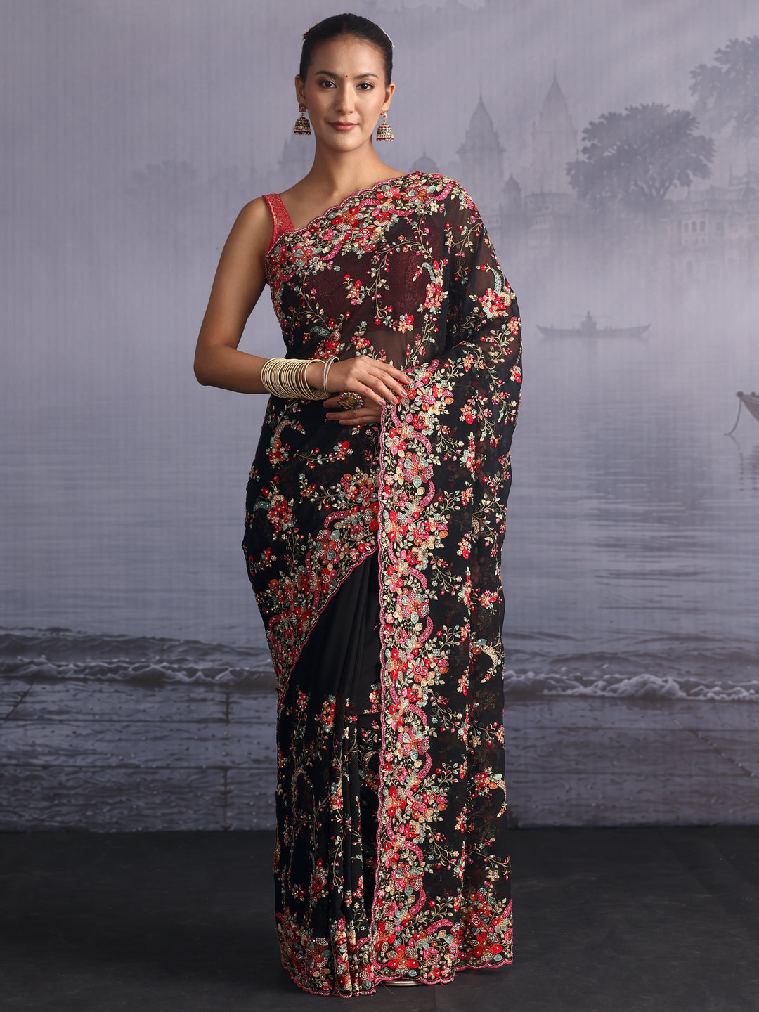 Libas Art Black Floral Embroidered Georgette Saree with Stone Work
