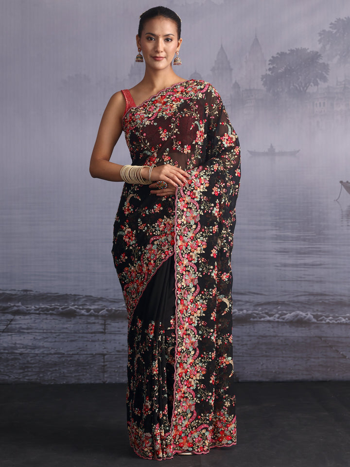 Libas Art Black Floral Embroidered Georgette Saree with Stone Work
