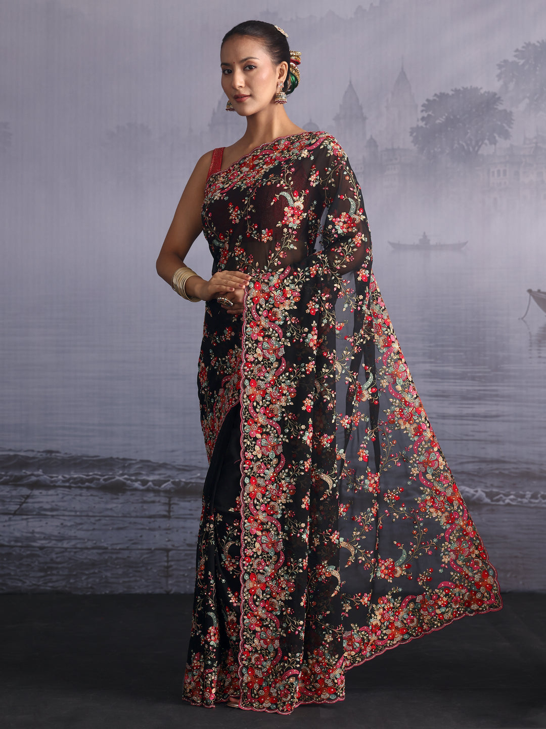 Libas Art Black Floral Embroidered Georgette Saree with Stone Work