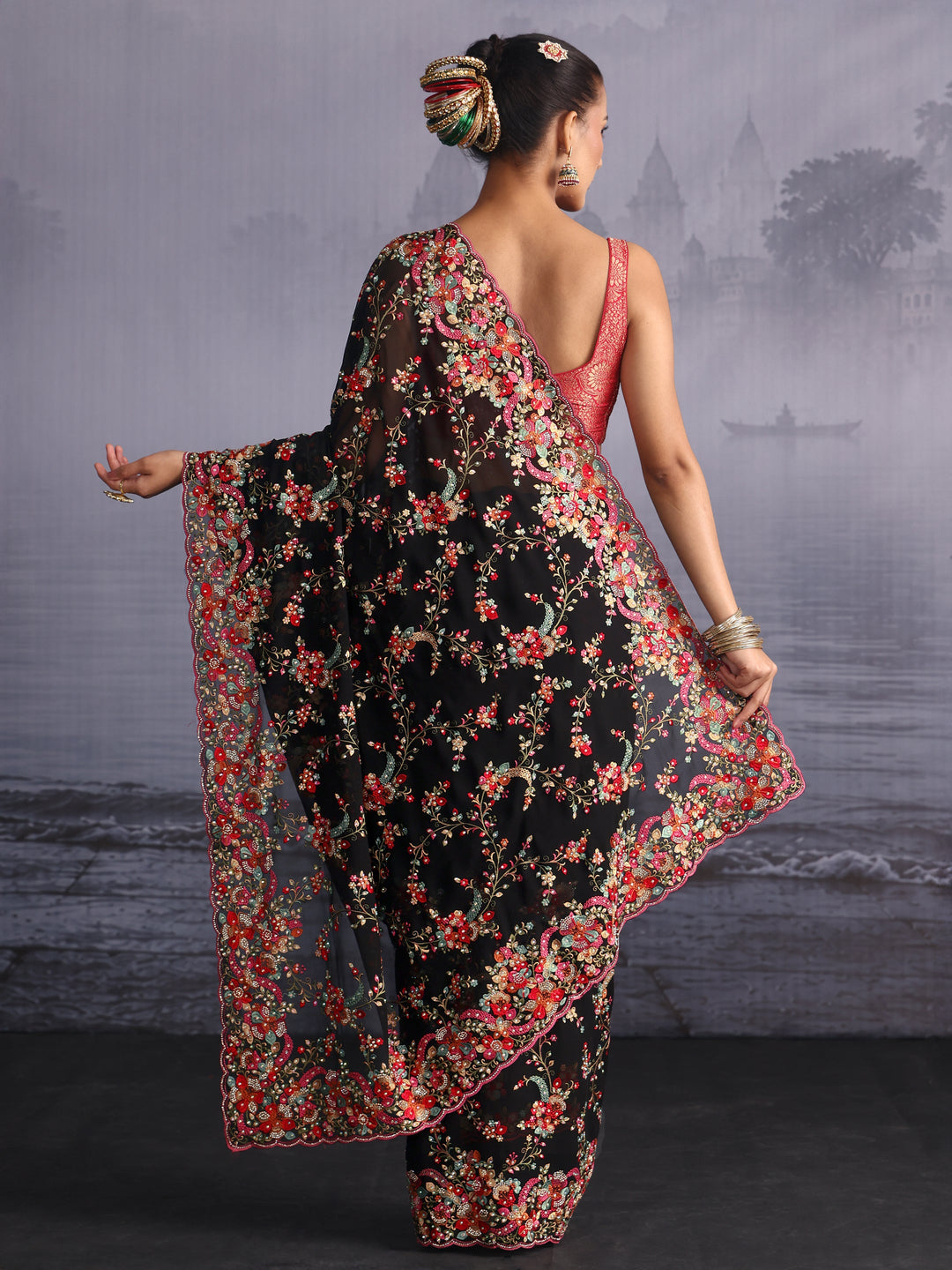 Libas Art Black Floral Embroidered Georgette Saree with Stone Work