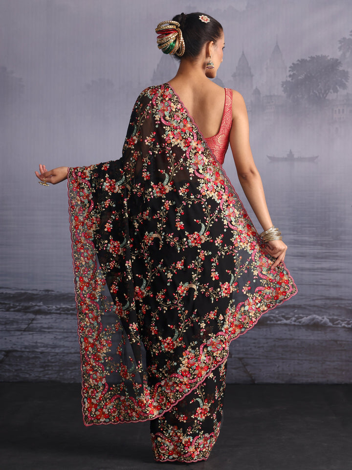Libas Art Black Floral Embroidered Georgette Saree with Stone Work