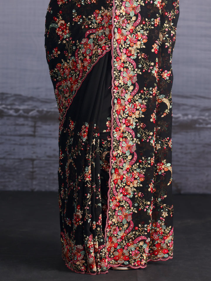 Libas Art Black Floral Embroidered Georgette Saree with Stone Work
