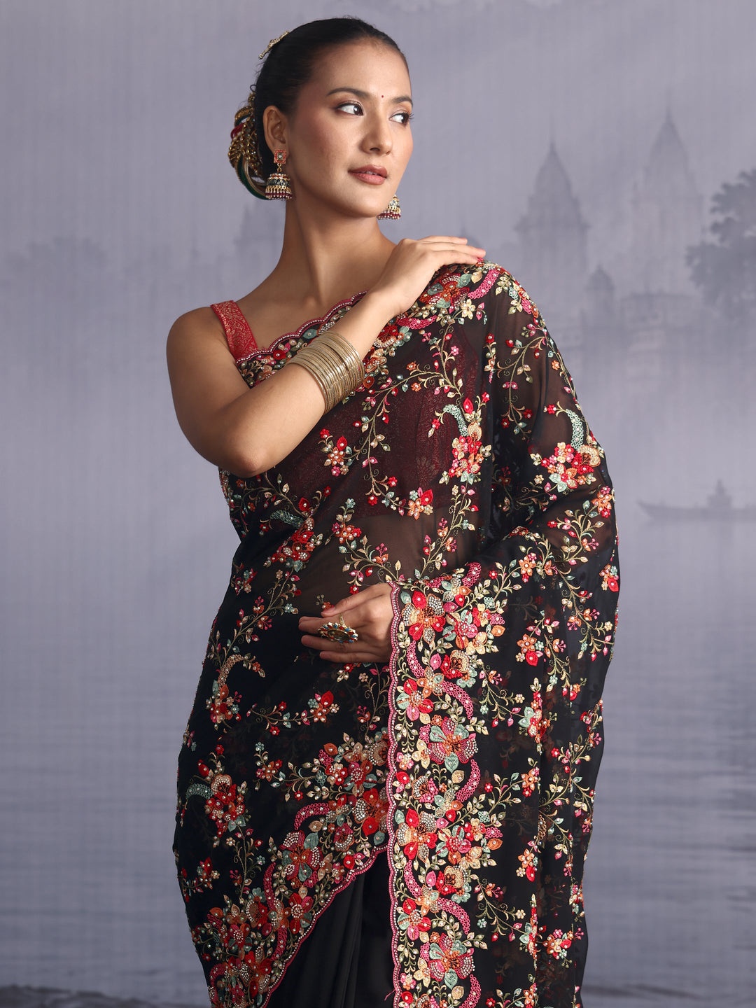 Libas Art Black Floral Embroidered Georgette Saree with Stone Work