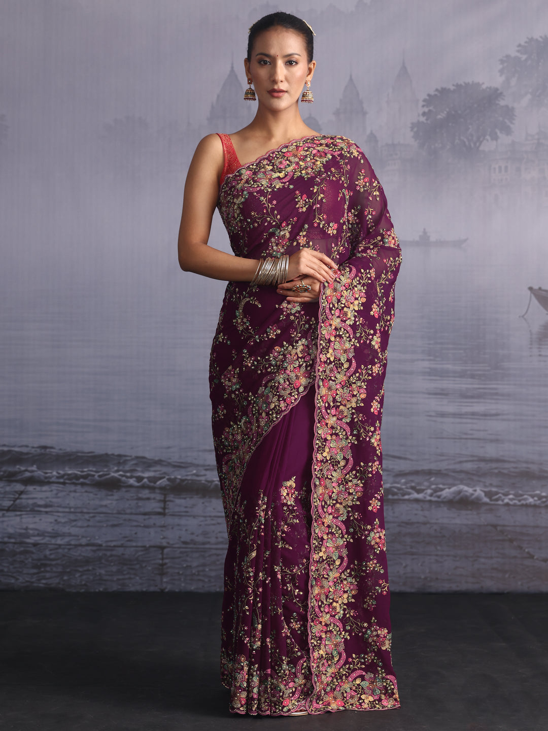 Libas Art Burgundy Floral Embroidered Georgette Saree with Stone Work