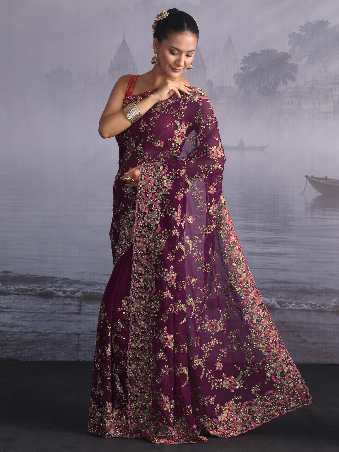 Libas Art Burgundy Floral Embroidered Georgette Saree with Stone Work
