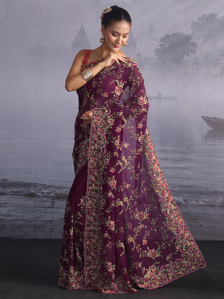 Libas Art Burgundy Floral Embroidered Georgette Saree with Stone Work