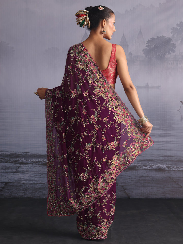 Libas Art Burgundy Floral Embroidered Georgette Saree with Stone Work