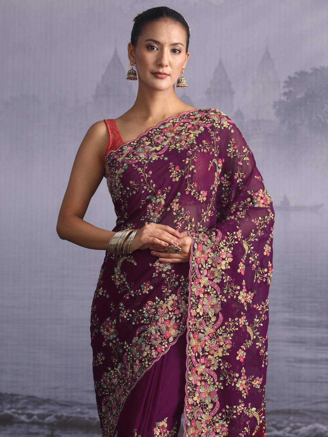 Libas Art Burgundy Floral Embroidered Georgette Saree with Stone Work