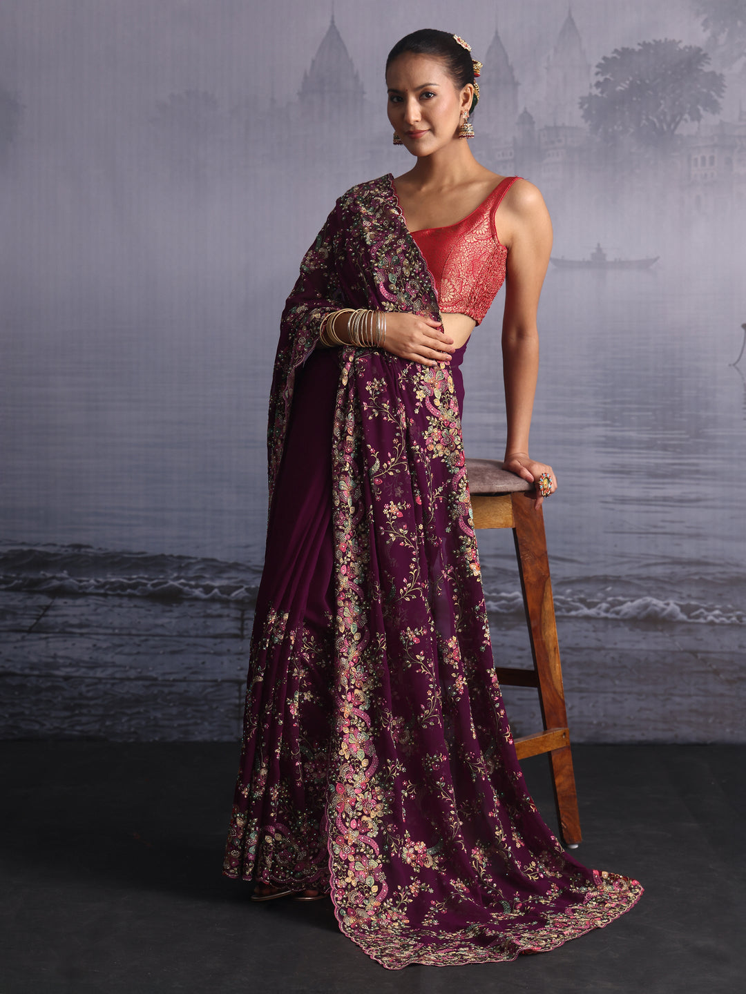 Libas Art Burgundy Floral Embroidered Georgette Saree with Stone Work