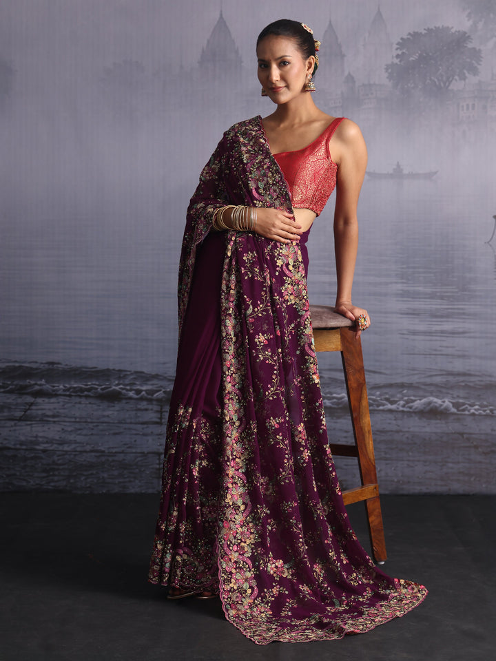 Libas Art Burgundy Floral Embroidered Georgette Saree with Stone Work