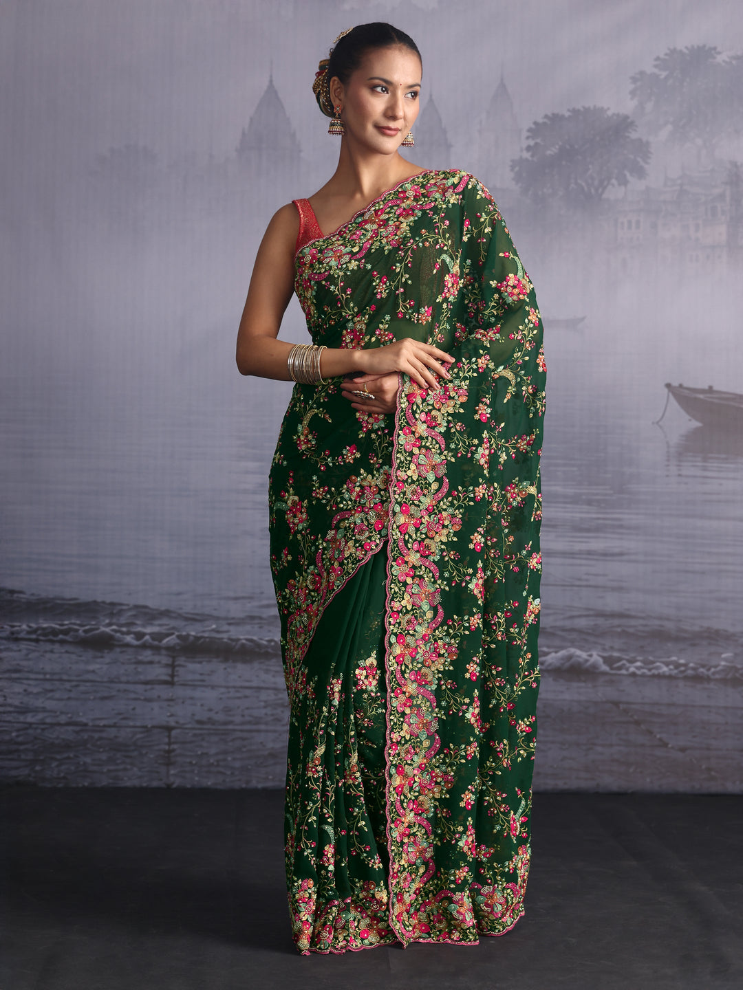 Libas Art Green Floral Embroidered Georgette Saree with Stone Work