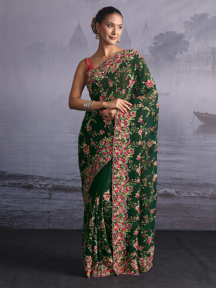 Libas Art Green Floral Embroidered Georgette Saree with Stone Work