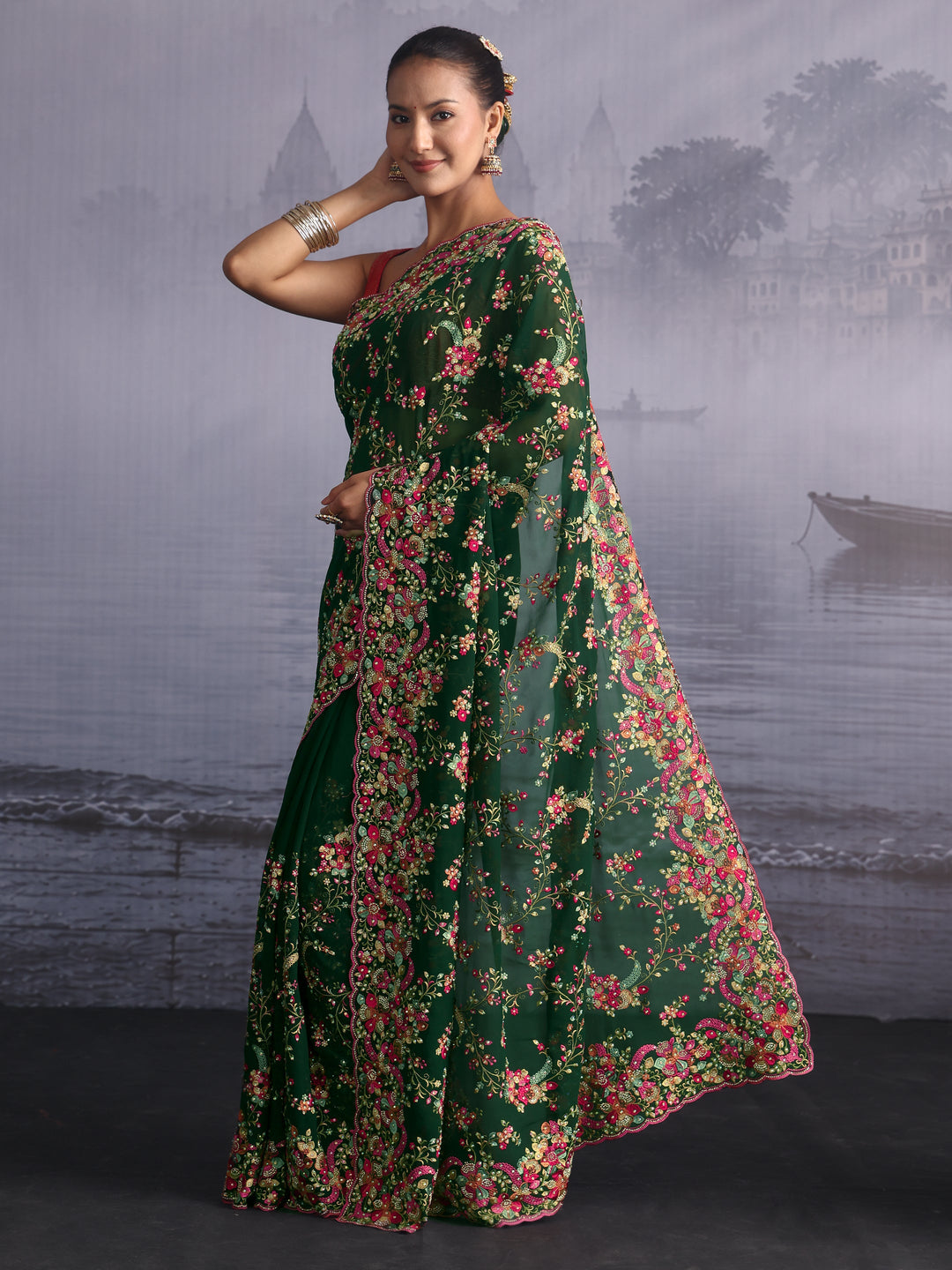 Libas Art Green Floral Embroidered Georgette Saree with Stone Work