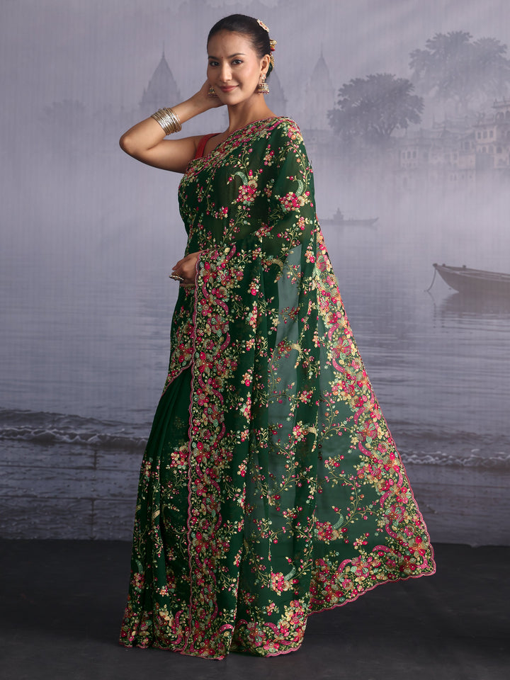 Libas Art Green Floral Embroidered Georgette Saree with Stone Work