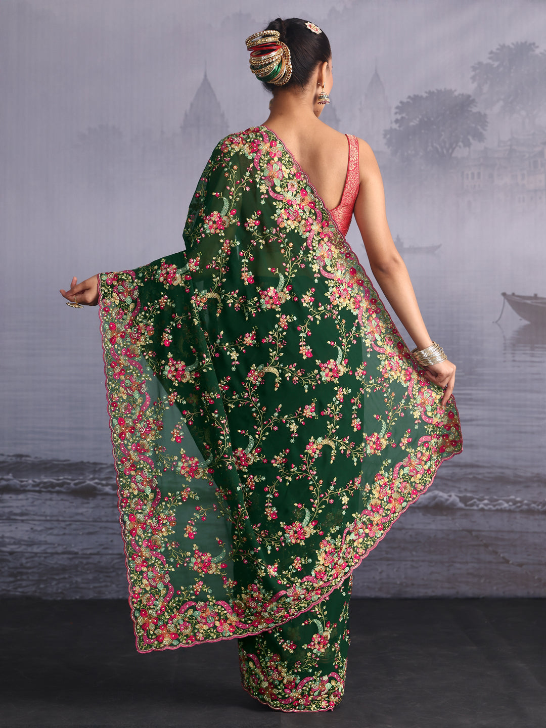 Libas Art Green Floral Embroidered Georgette Saree with Stone Work