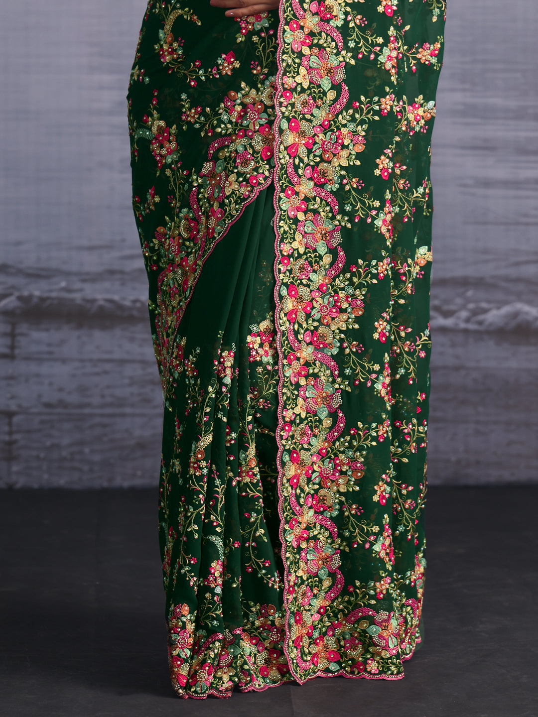 Libas Art Green Floral Embroidered Georgette Saree with Stone Work
