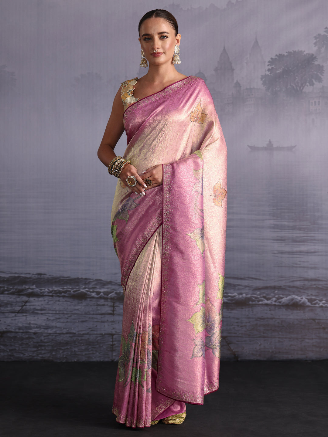 Libas Ombre Carnation Pink Floral Printed Silk Blend Saree