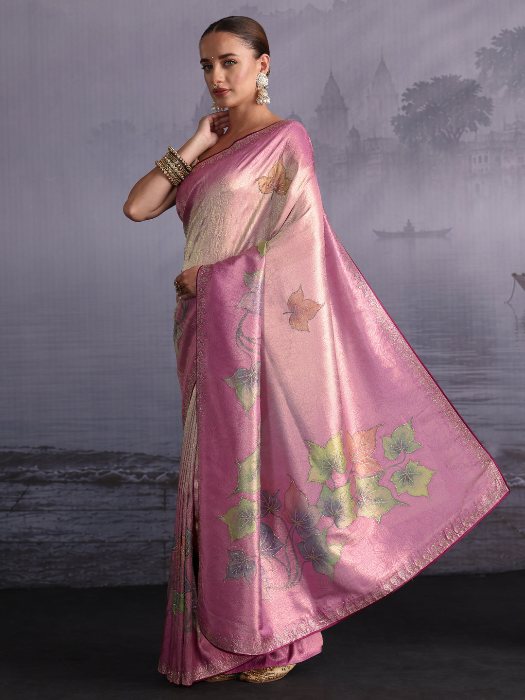 Libas Ombre Carnation Pink Floral Printed Silk Blend Saree