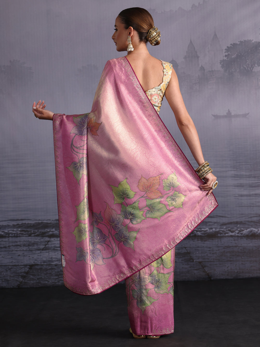 Libas Ombre Carnation Pink Floral Printed Silk Blend Saree