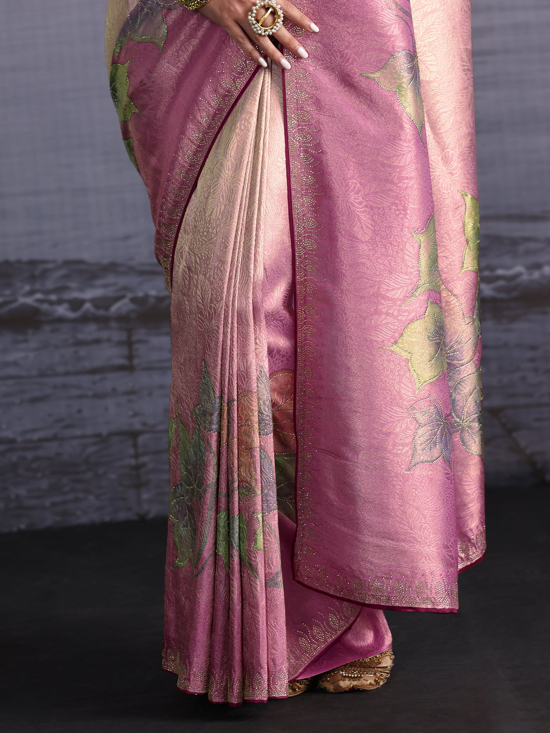 Libas Ombre Carnation Pink Floral Printed Silk Blend Saree