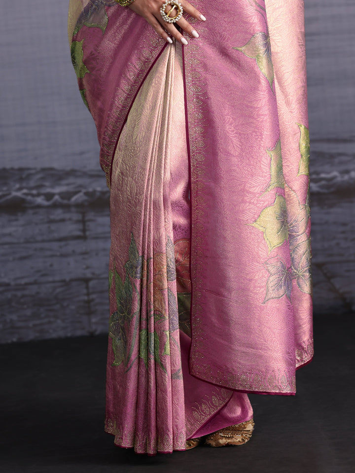 Libas Ombre Carnation Pink Floral Printed Silk Blend Saree
