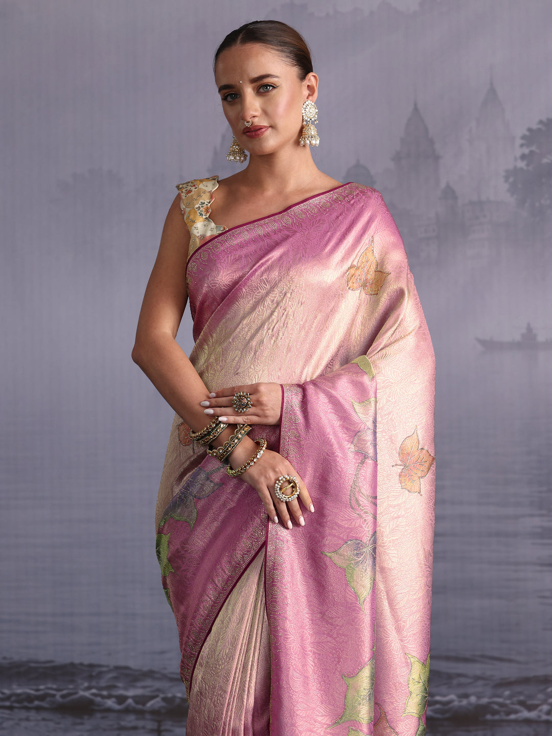 Libas Ombre Carnation Pink Floral Printed Silk Blend Saree