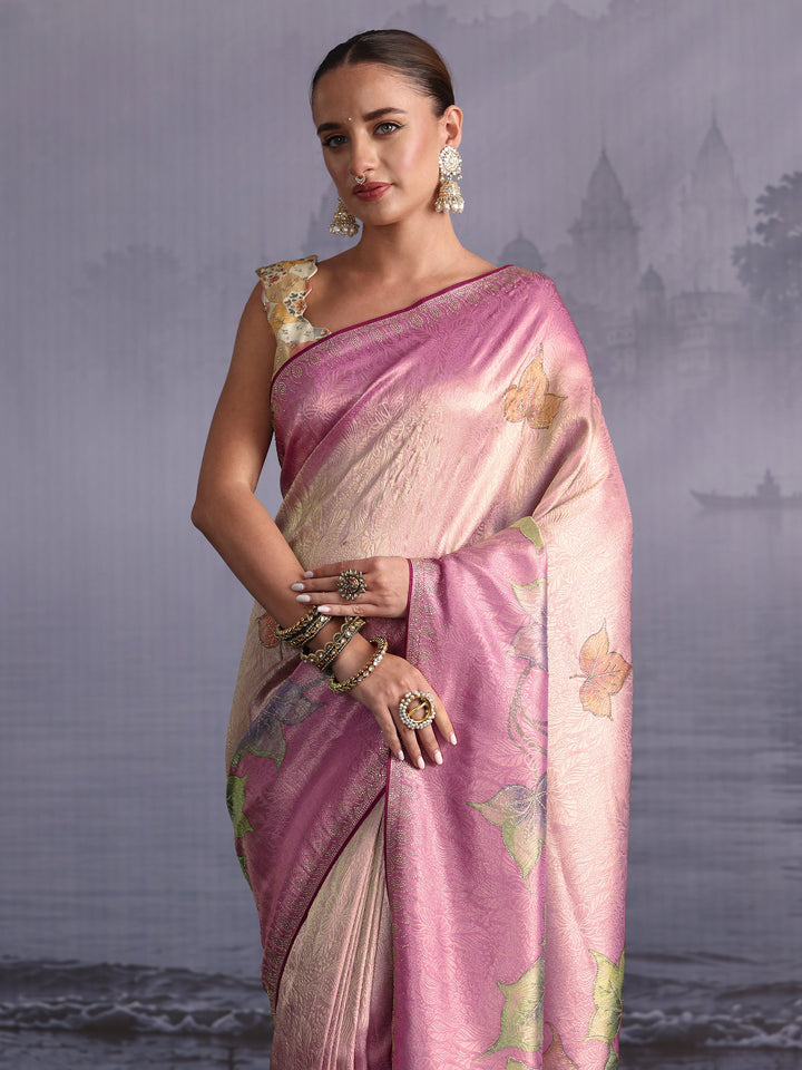Libas Ombre Carnation Pink Floral Printed Silk Blend Saree