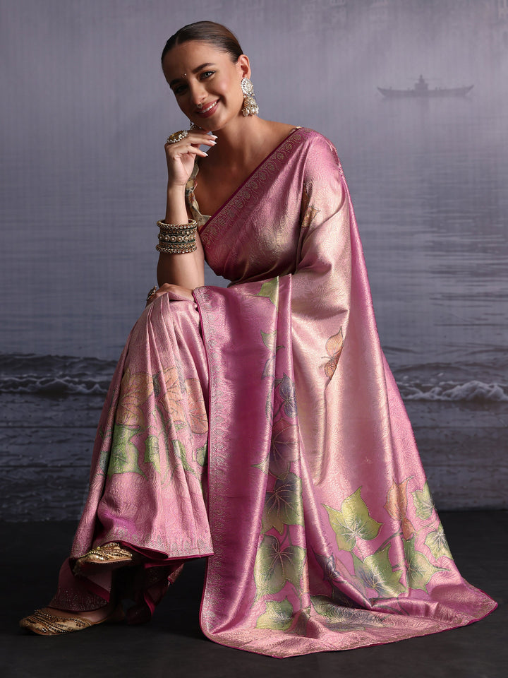 Libas Ombre Carnation Pink Floral Printed Silk Blend Saree