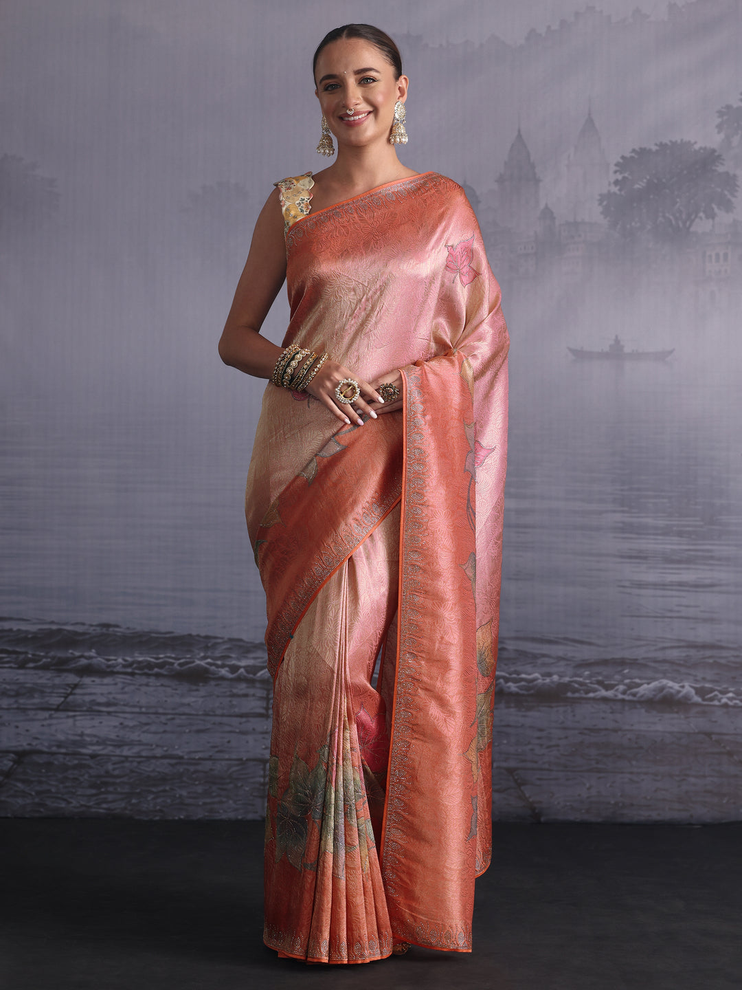 Libas Ombre Peach Floral Printed Silk Blend Saree