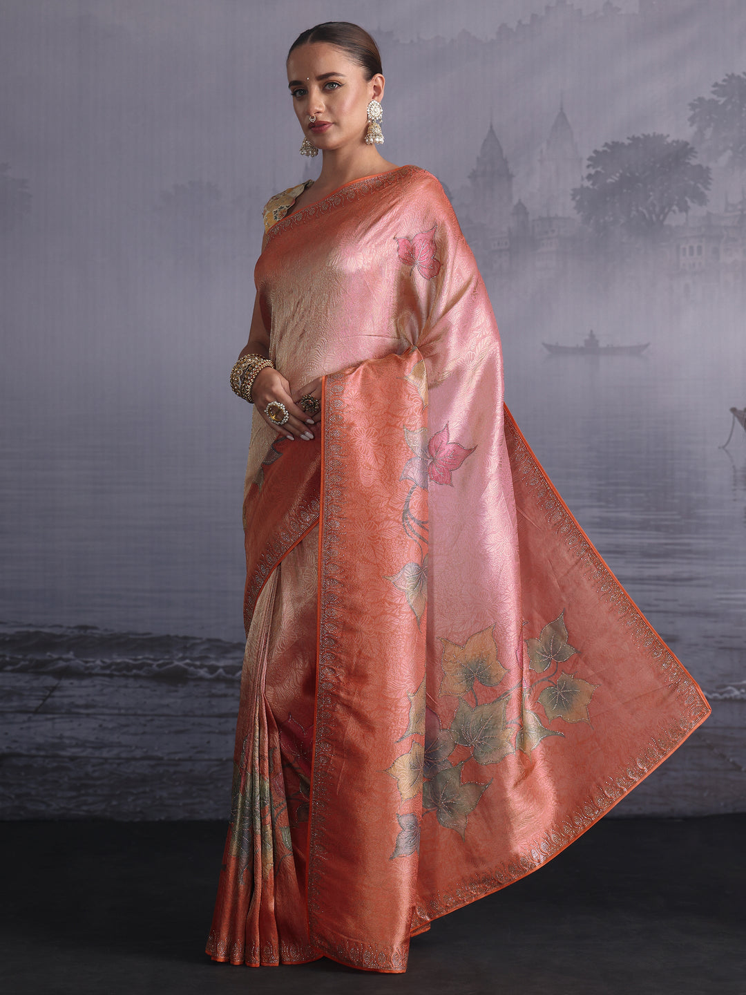 Libas Ombre Peach Floral Printed Silk Blend Saree