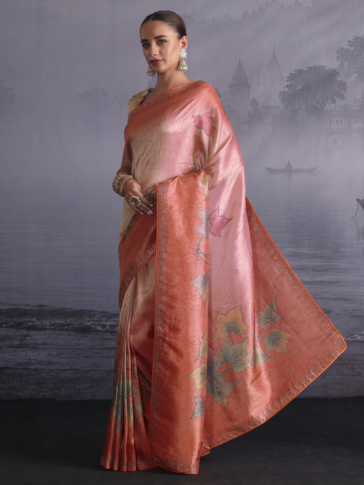 Libas Ombre Peach Floral Printed Silk Blend Saree