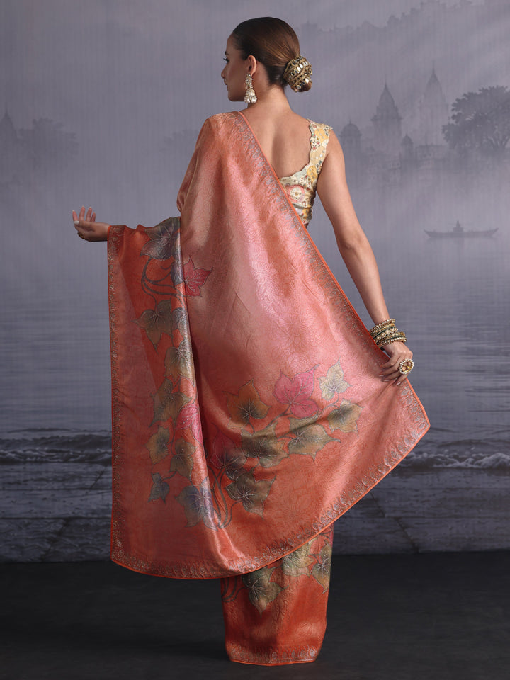 Libas Ombre Peach Floral Printed Silk Blend Saree