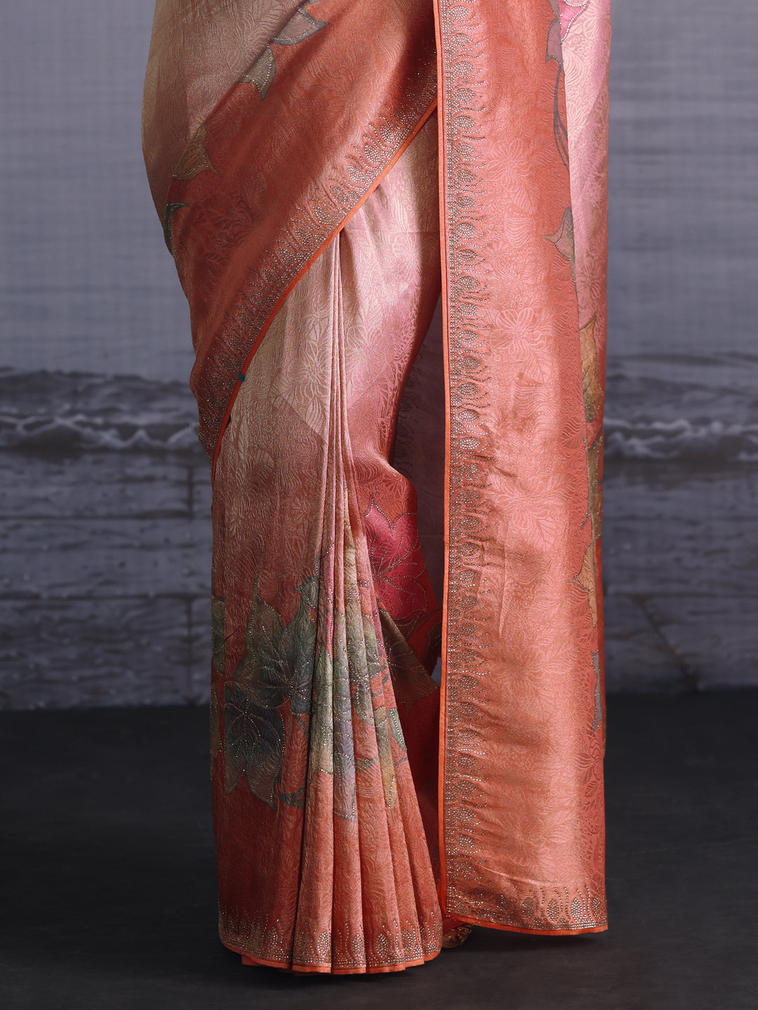 Libas Ombre Peach Floral Printed Silk Blend Saree