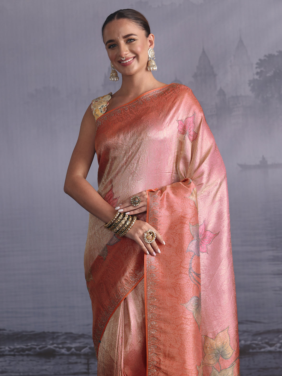 Libas Ombre Peach Floral Printed Silk Blend Saree