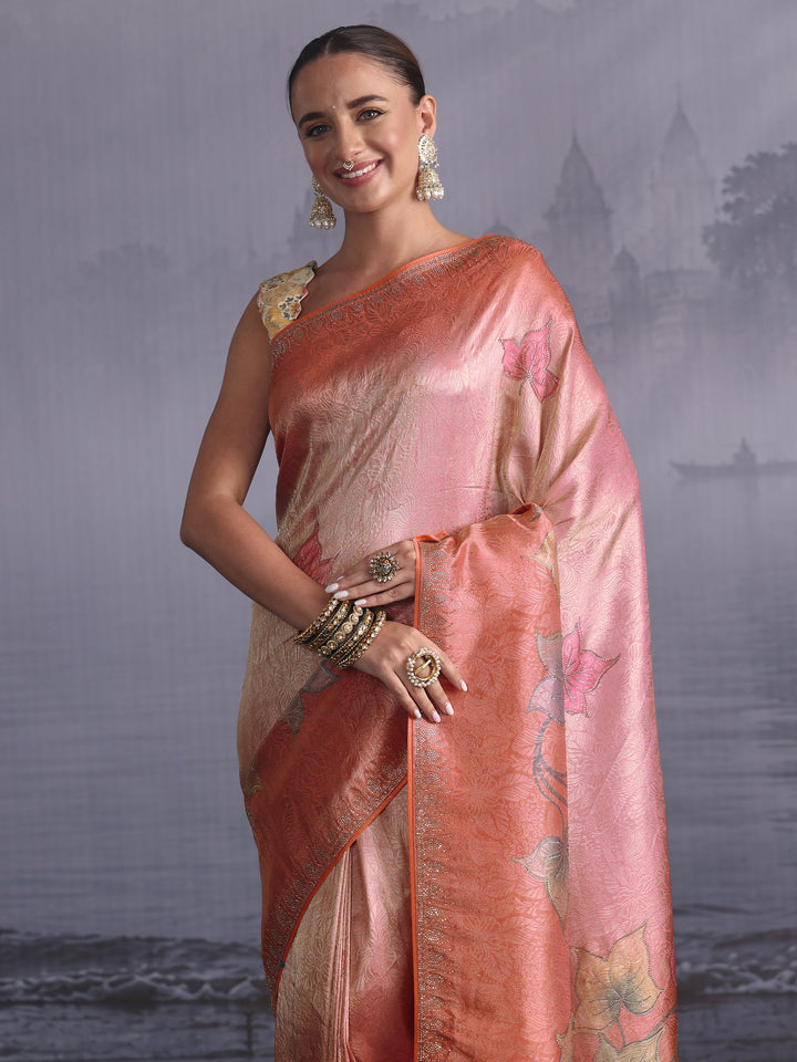 Libas Ombre Peach Floral Printed Silk Blend Saree