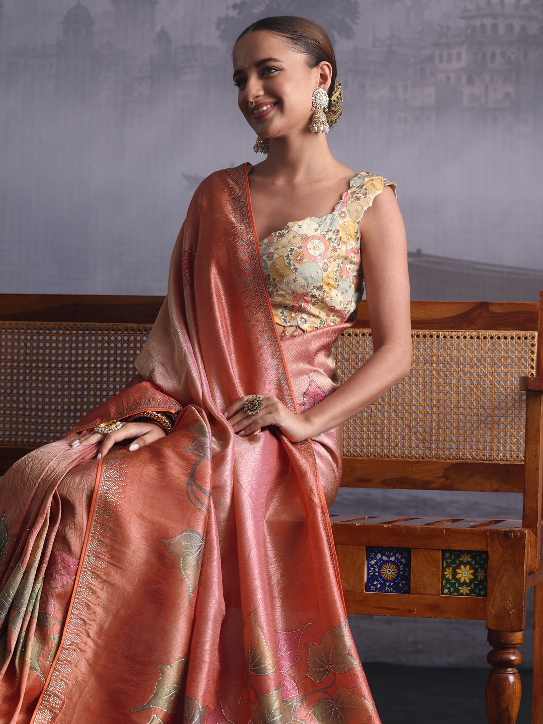 Libas Ombre Peach Floral Printed Silk Blend Saree