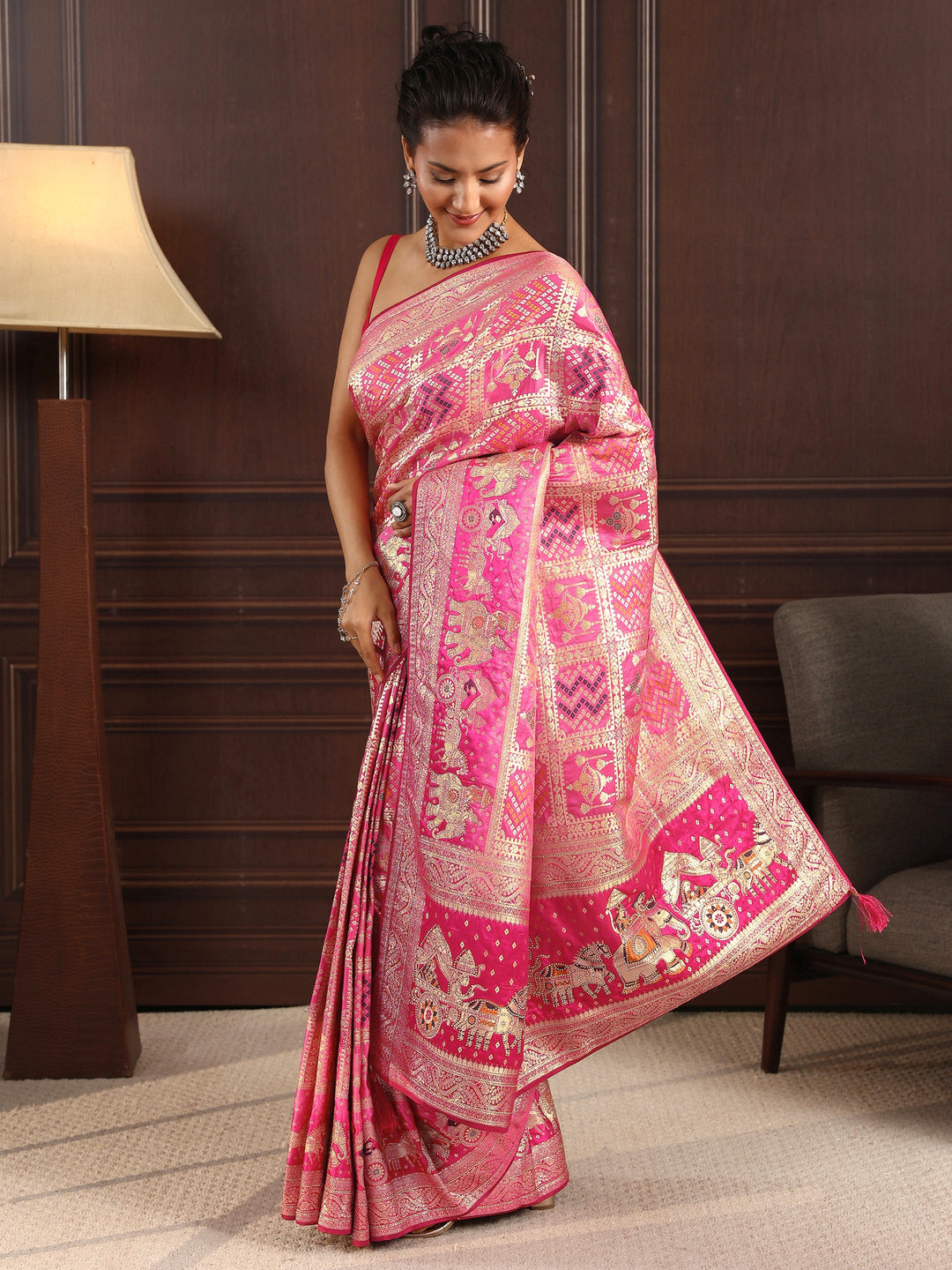 Libas Pink Woven Design Bandhani Print Satin Saree