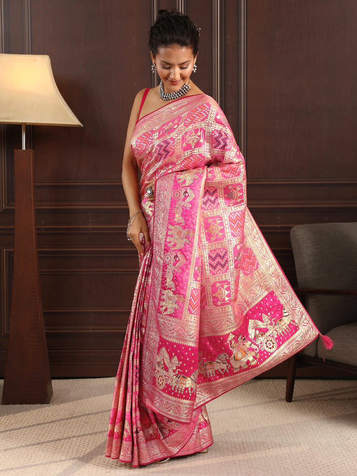 Libas Pink Woven Design Bandhani Print Satin Saree