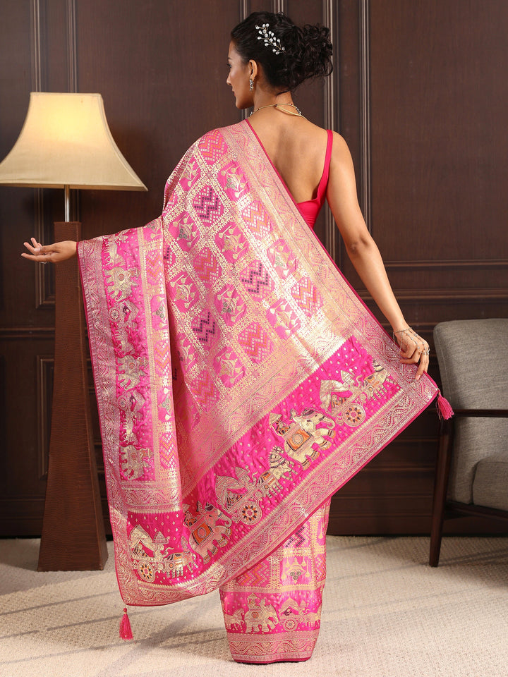Libas Pink Woven Design Bandhani Print Satin Saree