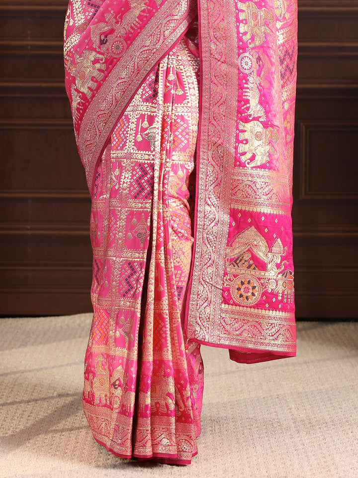 Libas Pink Woven Design Bandhani Print Satin Saree