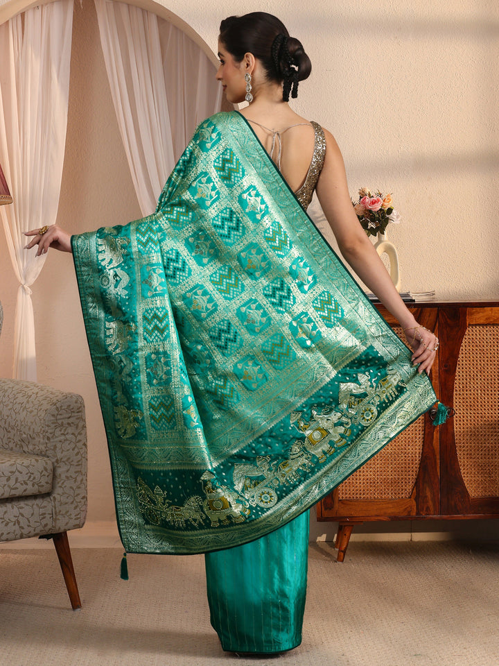 Libas Green Bandhani Woven Design Satin Saree with Stone Work